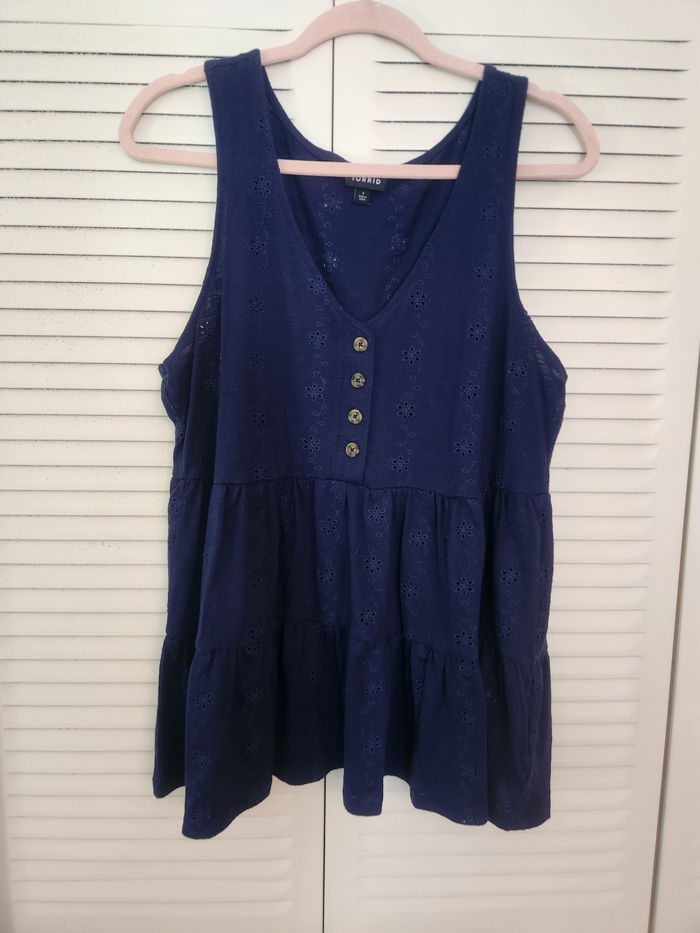 torrid Navy Eyelet Tiered Tank with Button Front